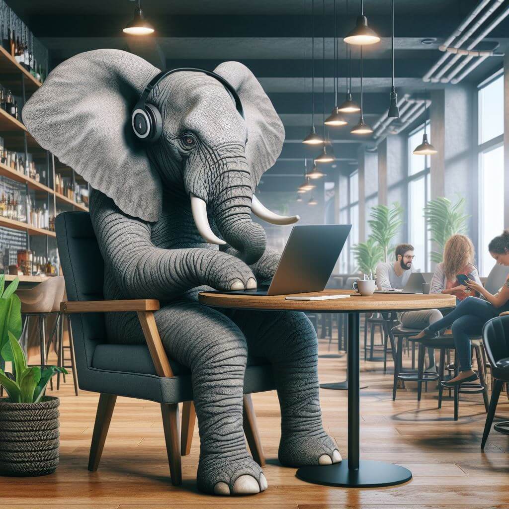 Gegenereerde illustratie van een olifant die in een koffiebar aan een tafel zit en op de laptop werkt